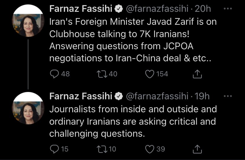 1.5. She claimed that journalists "from inside and outside" and "ordinary Iranians" were asking the Foreign Minister challenging questions on Clubhouse!As she later had no choice but to confess, only select journalists were allowed. Interestingly, she was one! #NYTimesPropaganda