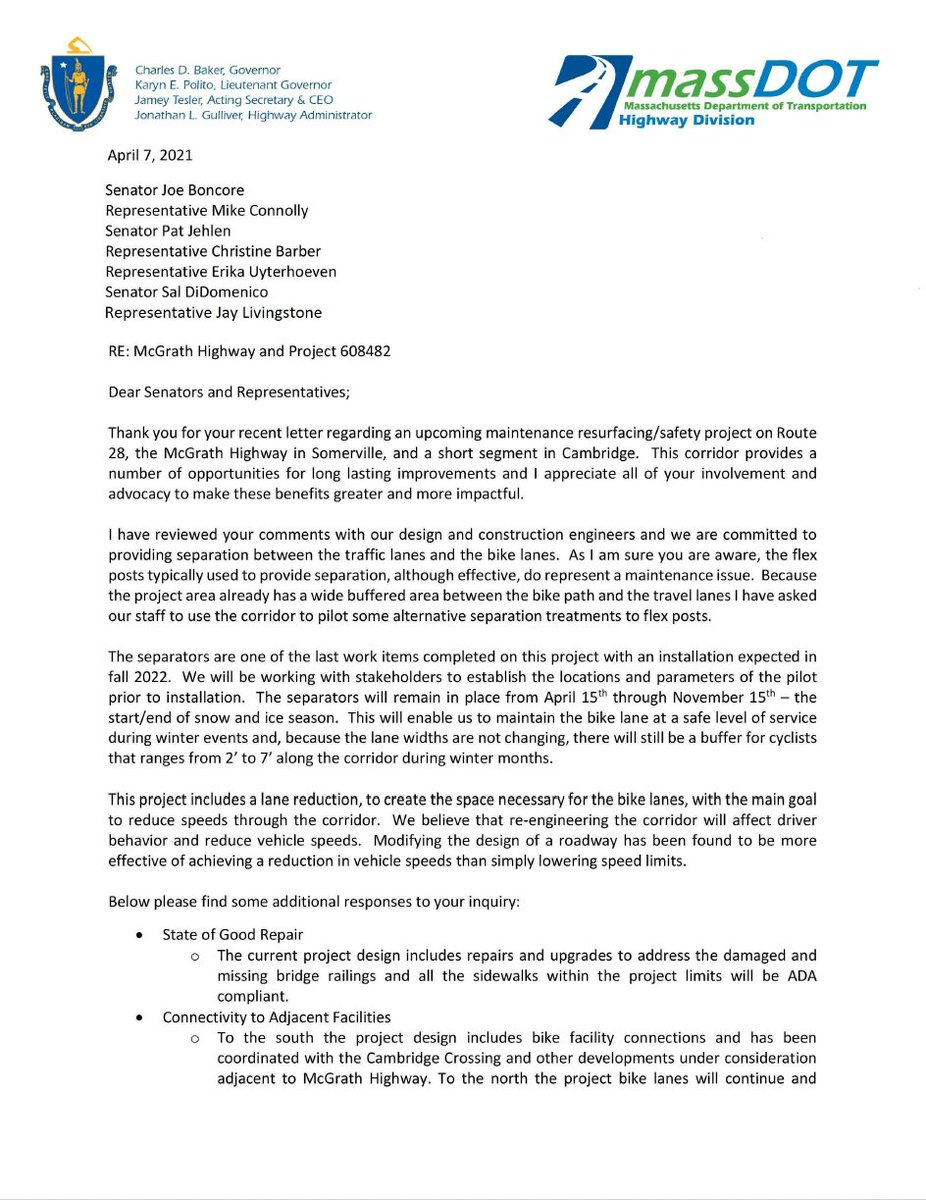 MikeConnollyMA's tweet image. I'm very pleased to announce that @MassDOT has responded to our bike safety advocacy by agreeing to provide physical separation for the new bike lanes that will be part of the pending road diet and resurfacing project for the McGrath Highway in #Somerville.