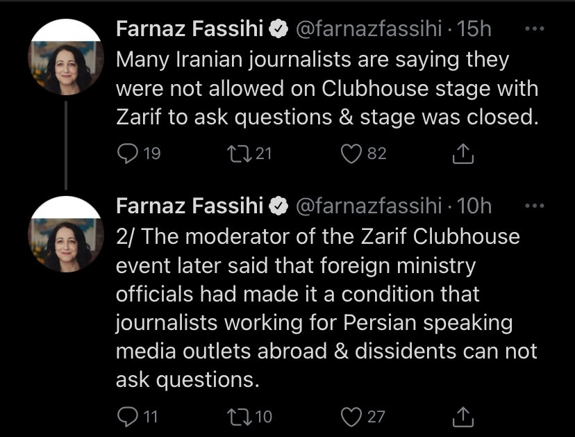 1.5. She claimed that journalists "from inside and outside" and "ordinary Iranians" were asking the Foreign Minister challenging questions on Clubhouse!As she later had no choice but to confess, only select journalists were allowed. Interestingly, she was one! #NYTimesPropaganda