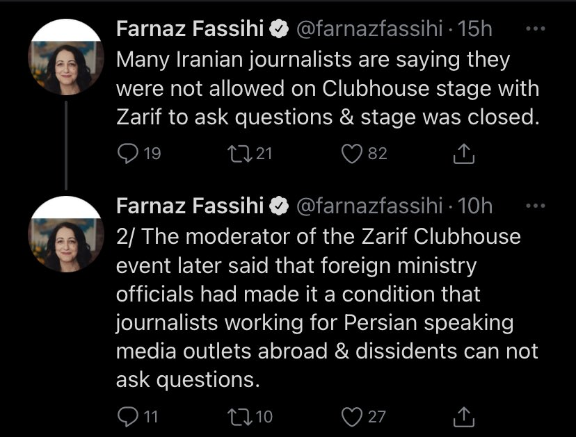 1.5. She claimed that journalists "from inside and outside" and "ordinary Iranians" were asking the Foreign Minister challenging questions on Clubhouse!As she later had no choice but to confess, only select journalists were allowed. Interestingly, she was one!  #NYTimesPropaganda