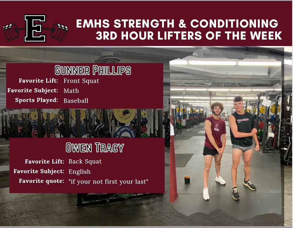 Last weeks 3rd hour Beasts of the Week. These two continue to crush their in-season lifts and continue to get stronger and not just maintain their strength. They have also have set the new standard of BOW flex pictures.  <a href="/EMHSBaseball/">Edmond Memorial Baseball</a> <a href="/goemhsathletics/">EMHS Sports</a>