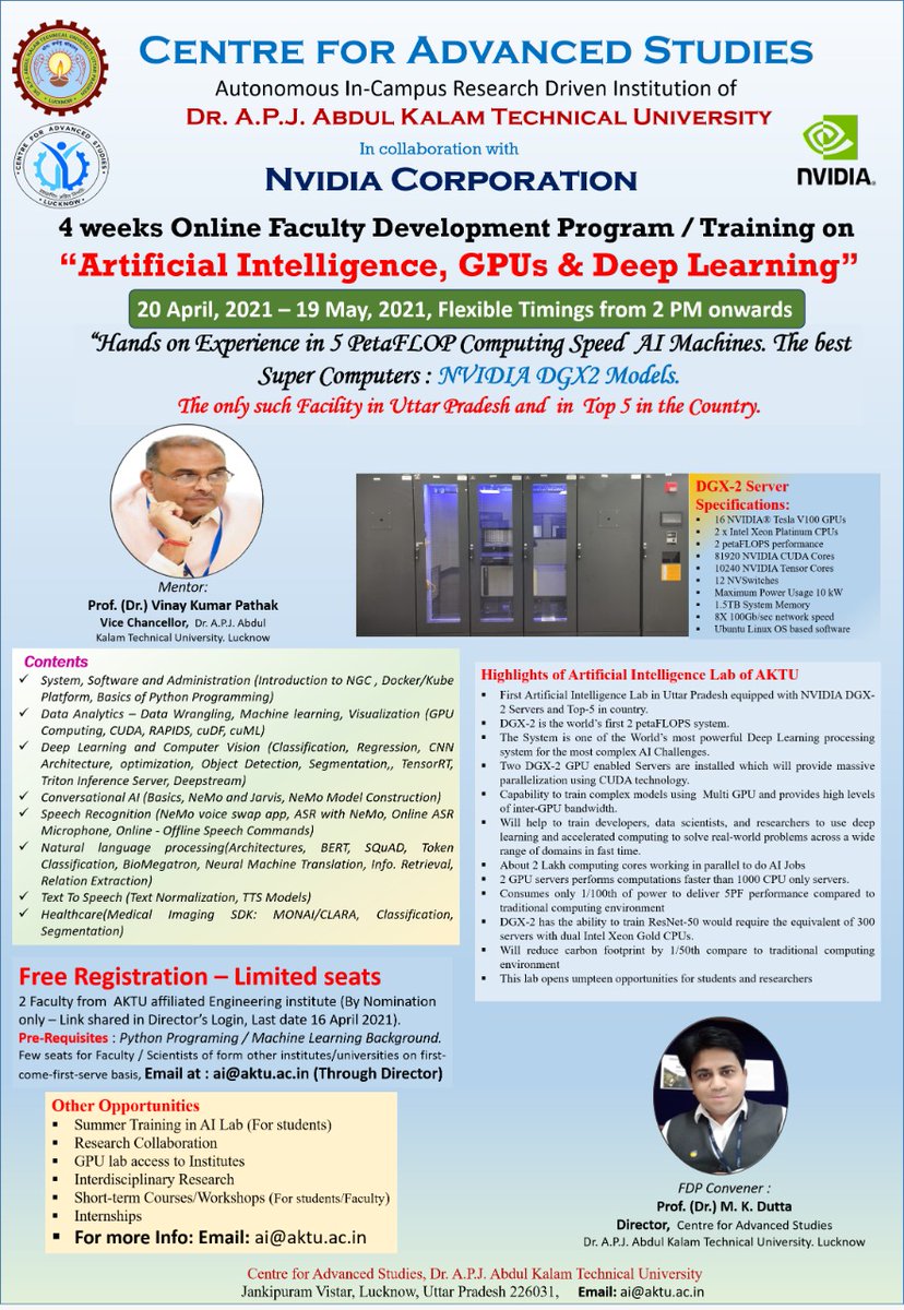 Aktu Cas Aktu Lucknow Is Organising 4 Weeks Online Fdp On Artificial Intelligence Gpus Deep Learning During April 19 May 21 In Collaboration With Nvidia Corporation T Co Fii0bygr7k Aktu Cas Aktu Lucknow Is Organising 4 Weeks Online Fdp On Artificial Intelligence Gpus Deep Learning During April 19 May 21 In Collaboration With Nvidia Corporation T Co Fii0bygr7k