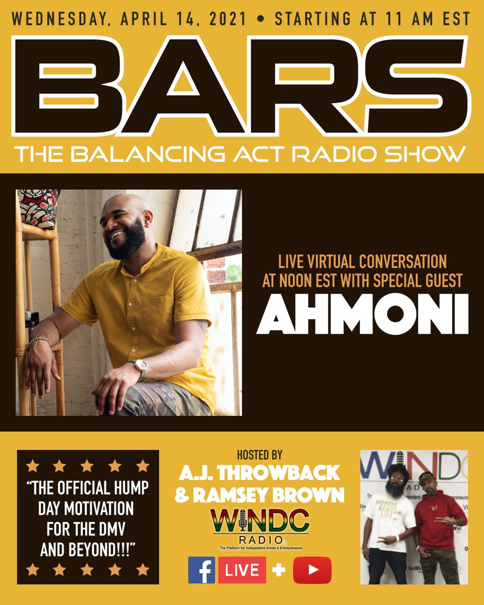 BARSOnAir's tweet photo. Please tune in this week to #BARS #HomeGameEdition w/ @AJThrowback x @PHAR110 x special guests Bazzo x Ahmoni only on @WINDCRadio via #FacebookLive x #YouTubeLive powered by @GoWinMedia 🔥🔥🔥🔥🔥!!! #TeamBARS❤️🧡💛💚 #DMV #IndieArtists #RapMusic #soulmusic #HumpDayMotivation https://t.co/uX6RO5yQES