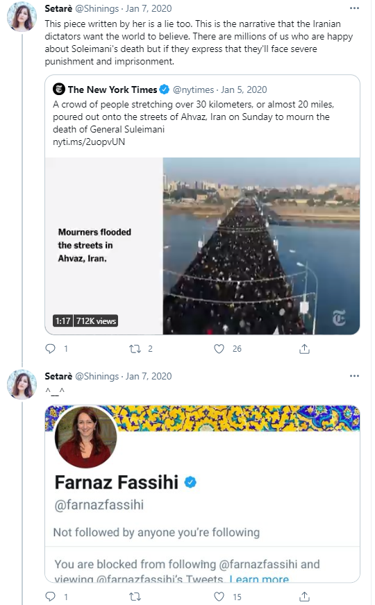 2.1. Here are examples of people simply noting her information was false who got blocked within minutes, if not seconds. @nytimes believes she knows Iran well enough to report on Iran even if she doesn't want to hear what Iranians say. https://twitter.com/HosseinRonaghi/status/1378417145504280585