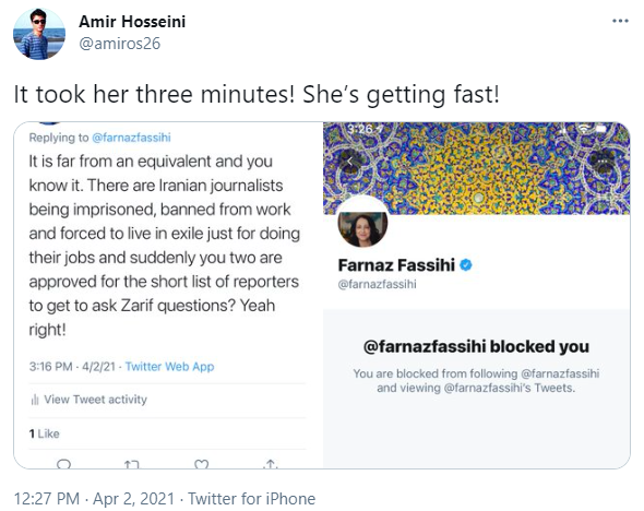 2.1. Here are examples of people simply noting her information was false who got blocked within minutes, if not seconds. @nytimes believes she knows Iran well enough to report on Iran even if she doesn't want to hear what Iranians say. https://twitter.com/HosseinRonaghi/status/1378417145504280585