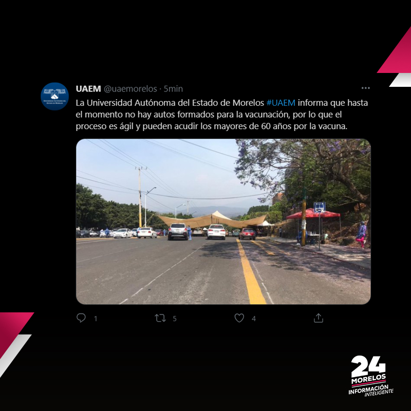 24_morelos's tweet photo. INFORMA UAEM DISPONIBILIDAD DE VACUNAS

@uaemorelos informa que a las 11:30 horas de este lunes 12 de abril cuentan con poca gente esperando para recibir su vacuna contra #COVID19. https://t.co/FFqtBrnMTM