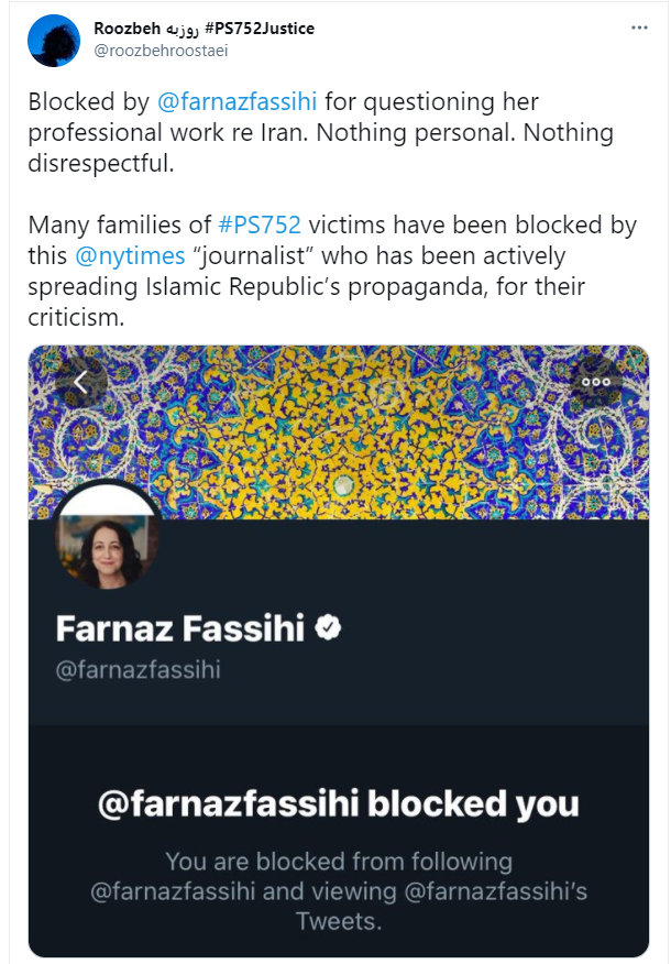 2.1. Here are examples of people simply noting her information was false who got blocked within minutes, if not seconds. @nytimes believes she knows Iran well enough to report on Iran even if she doesn't want to hear what Iranians say. https://twitter.com/HosseinRonaghi/status/1378417145504280585
