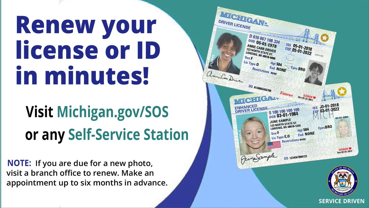 MichSoS's tweet image. Did you know that you can renew your driver’s license or state ID online or at a self-service station? #ServiceDriven
