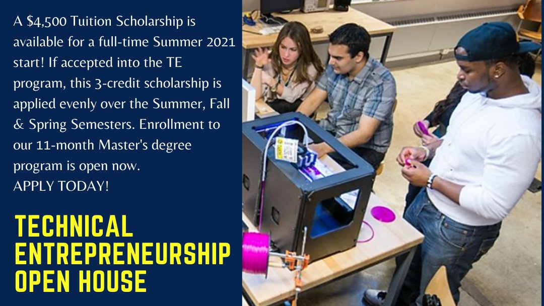 ProgramLehigh's tweet image. Thinking about a career as an innovator? Learn how you can earn your M.Eng. in TE in 11 months with our 30-credit program. $4,500 scholarship with summer 2021 start! Click here to register for this Wed., April 14, 7:00pm EDT: forms.gle/7oG5q7tvW2sNCH…
#entrpreneurship #makers
