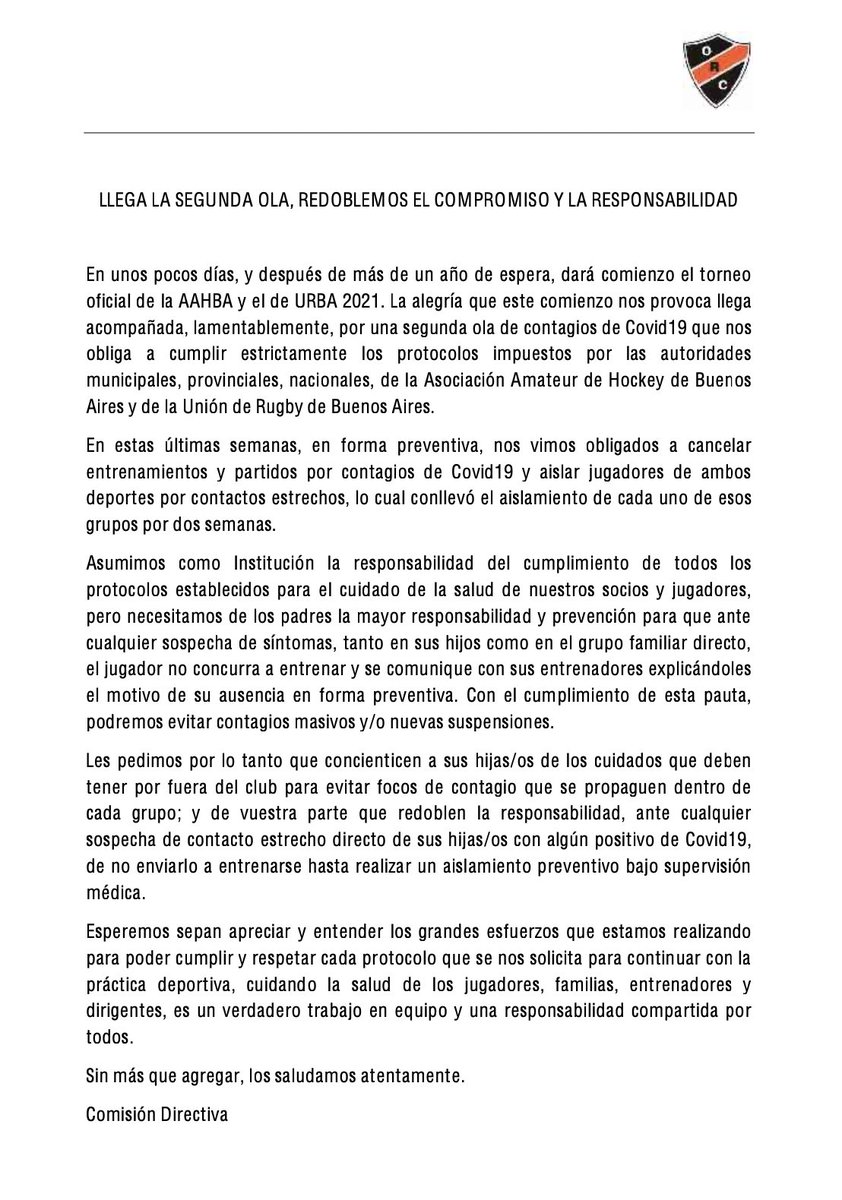 Les compartimos la nota de concientización de parte de la Comisión Directiva. Ante el aumento de casos es muy importante redoblar el compromiso y la responsabilidad.
¡Nos cuidamos entre todos!