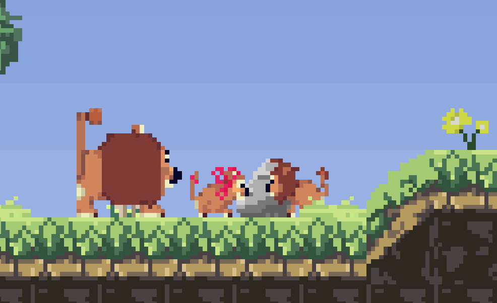dercetech's tweet photo. Ok some #pixelart update, as Blocky reunites with his family. Still have to make the Mama Lion but my 4 y/o had set priorities and named the babies after his cousins. This #indiegame should reach demo state on @KaiOStech store somewhere in Q2. #BlockyLion #BlockysQuest https://t.co/wi3gv58CrD