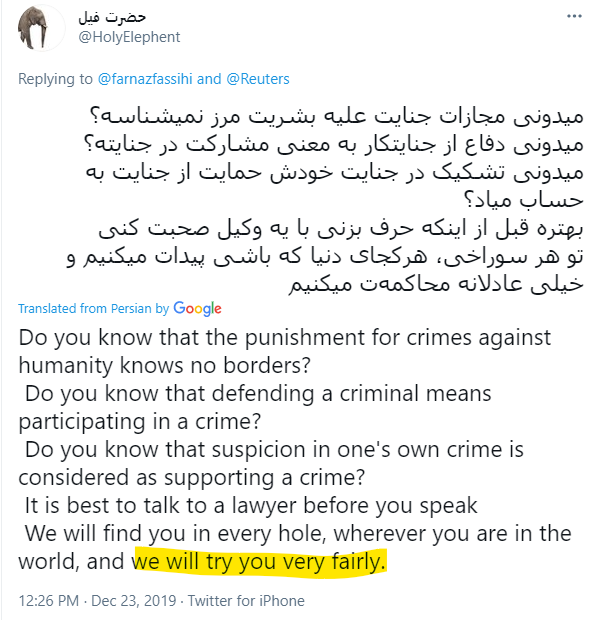 3.1 She mistranslates tweets to appear as threatening.Here, she translated "prosecution" as "persecution".As I noted this, guess what? Correct. I was blocked. #NYTimesPropaganda  https://twitter.com/ip_Guy_/status/1375955913996075008