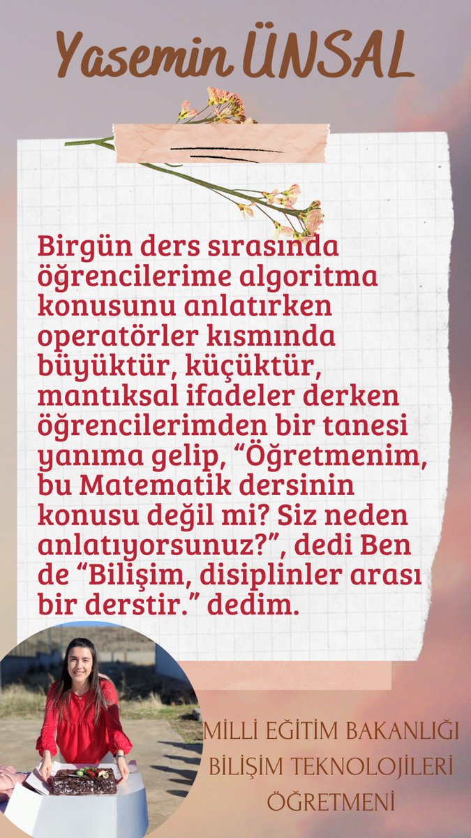 MEB bünyesinde Bilişim Teknolojileri Öğretmeni ve aynı zamanda Eğitim Yönetimi ve Denetim alanında yüksek lisans yapan Sn. Yasemin ÜNSAL Hocamızla röportajımız yayınlanmıştır.Kendisine keyifli sohbeti için teşekkür ederiz.🙂 <a href="/ysmnun11/">•yaseminçiçeği•</a> 
👉botemezunu.com/yaseminunsal/👈