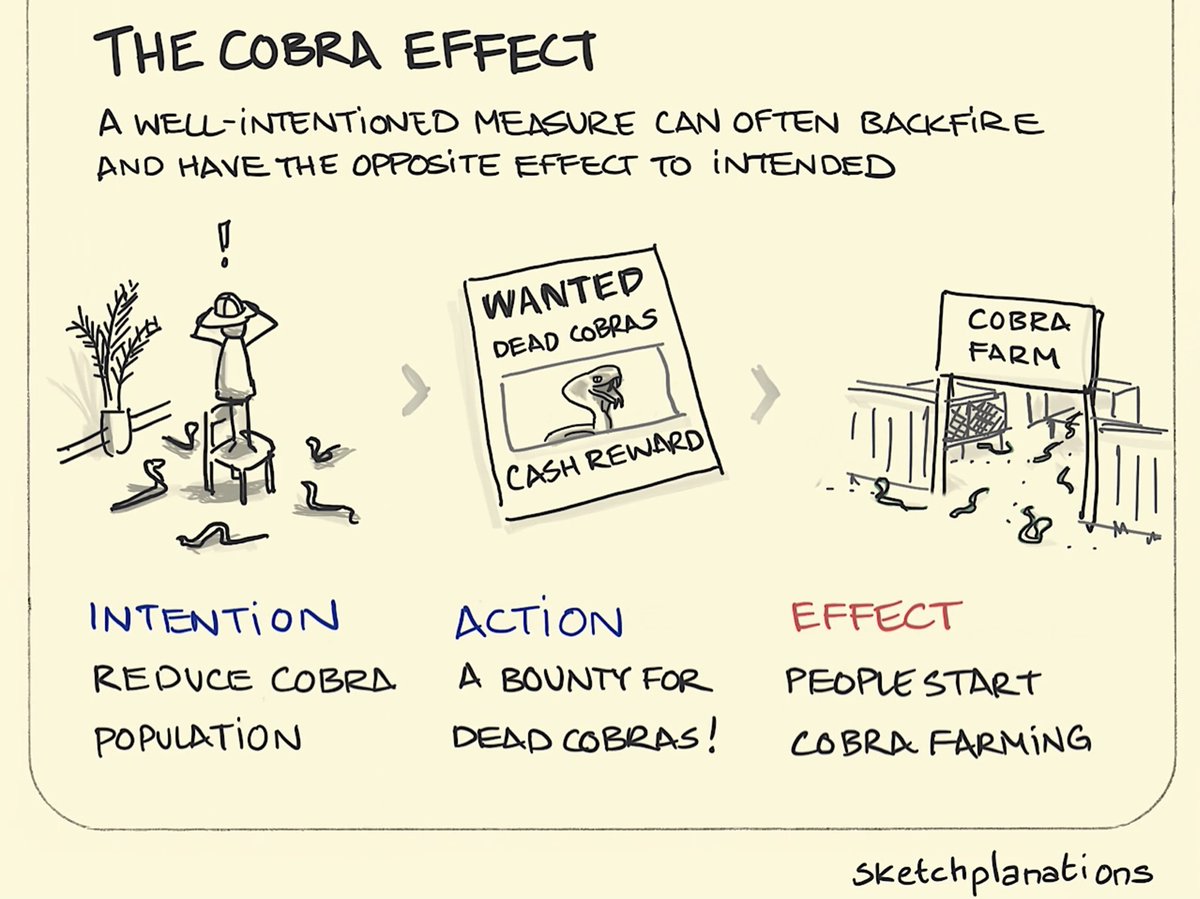 • The local population started breeding cobras & killing them. • When the government discovered this, the reward program was scrapped. • The cobra breeders then released their $0 snakes into the street, making the problem much worse.