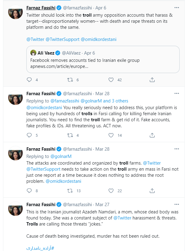 3. She then hides behind being a "female journalist". She finds a few insulting comments (that you can find on anyone's tweets) and dismisses all the Iranians claiming they are "trolls" and calls them "fake". #NYtimesPropaganda