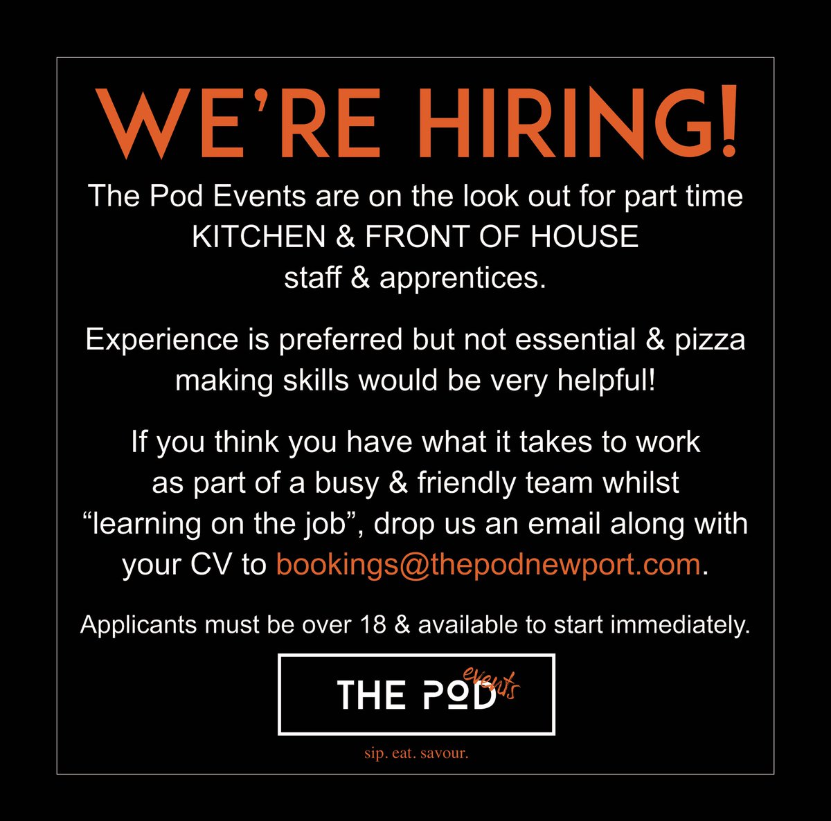 ThePodNewport's tweet photo. @ThePodEvents are hiring👊🏽👊🏽👊🏽

Have what it takes to be part of a busy, friendly, buzzy environment? Kitchen &amp; Front of House positions available. 

Get your CV across to them on bookings@thepodnewport.com ASAP👌🏽

#jobs #recruitment #hospitality #hospitalityjobs #newport #wales https://t.co/QEHRTWXfMd
