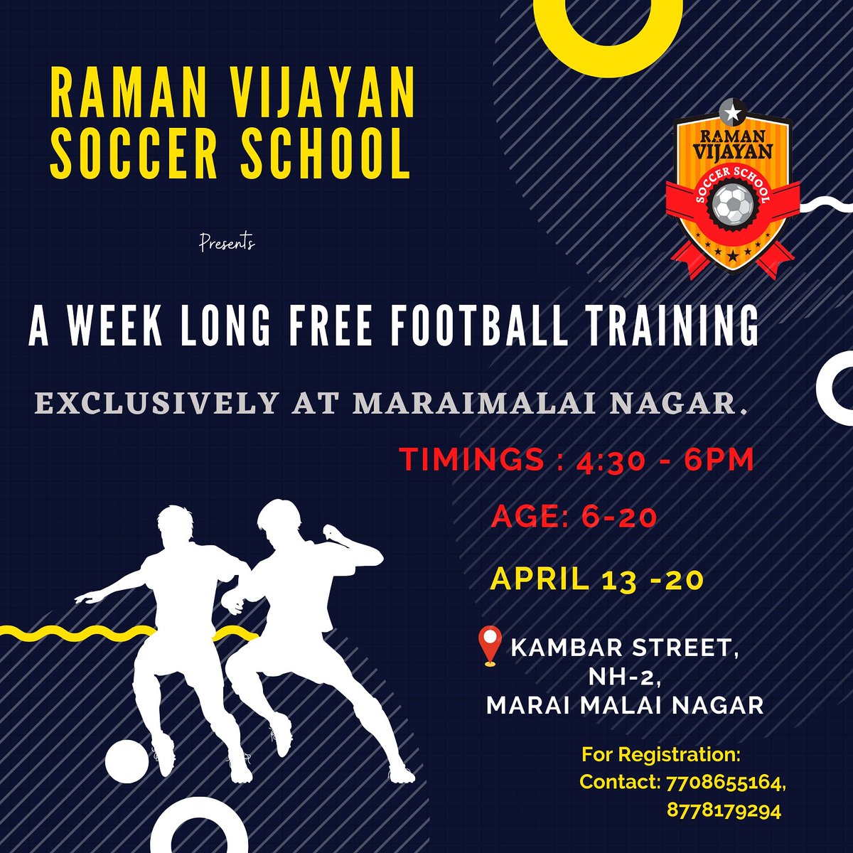 thervss's tweet photo. For Details : 8778179294
#TheRVSS #FootballRising #footballclinic #MaraimalaiNagar #WeekLong #FreeFootballClinic #RamanVijayan #WeMakeStars https://t.co/MNRZU9Dt79