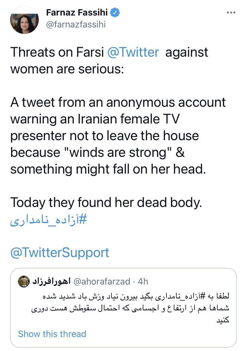 3.3. You can read this thread on how she lied about an obviously nonthreatening and unrelated Persian tweet to her English speaking audience. @nytimes, is someone who is at least far from understanding Persian a good Iran reporter?! #NYTimesPropaganda  https://twitter.com/SharOBalaa/status/1375901728571330575