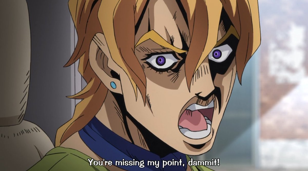 but as their journey progresses and giorno keeps saving the day with his quick thinking and strategy, and bruno becomes more reliant on him, fugo starts showing signs of hostility - acting condescending when giorno defends narancia and snapping at him for something minor.