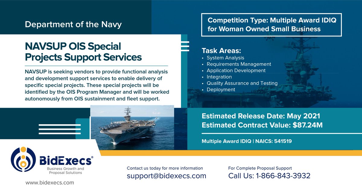 BidExecs's tweet image. IDIQ Monday is here! A Multiple Award IDIQ you don&apos;t want to miss! Contact BidExecs for Business growth, Bid and Proposal franchising, and Proposal Solutions.
#proposalsolutions #proposalmanagement #franchising #govcon #bidexecs