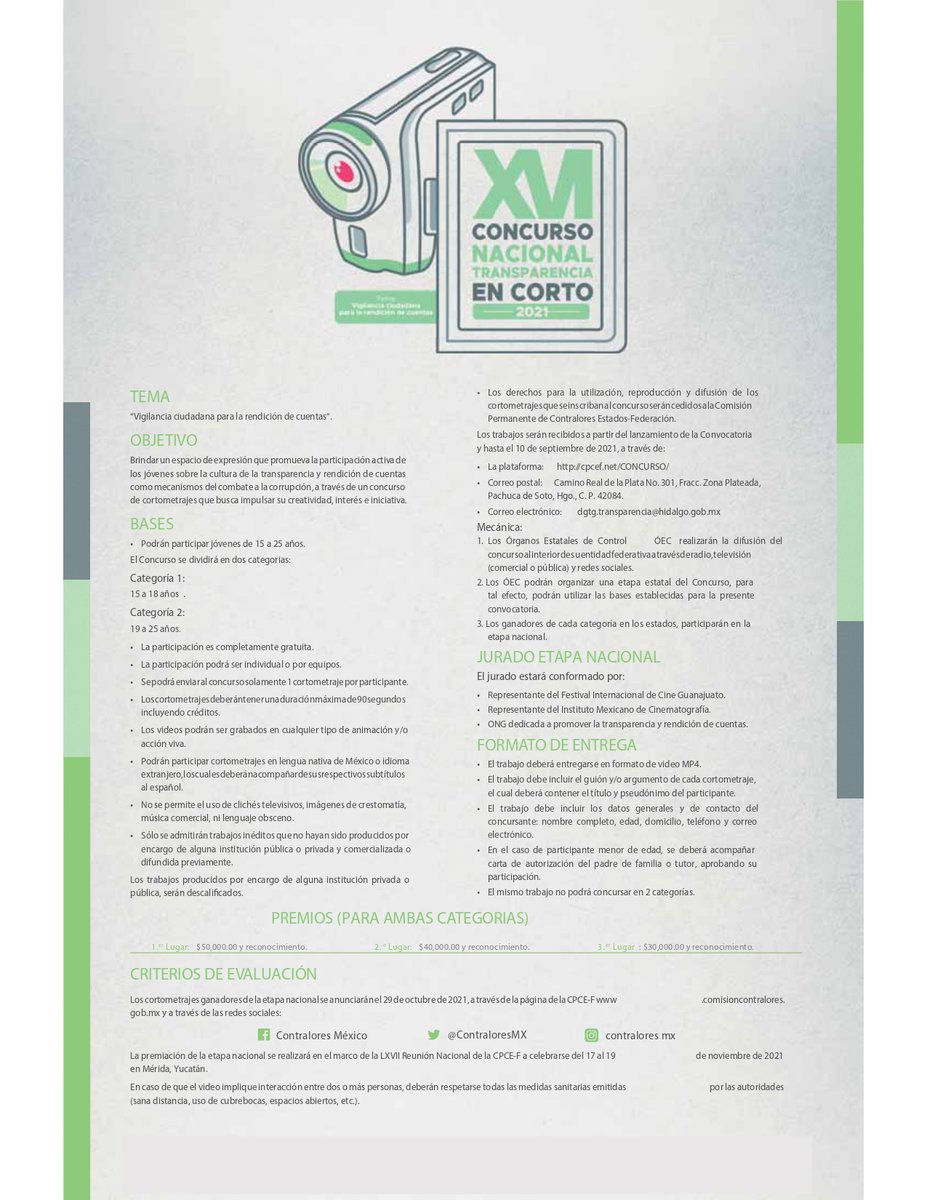 UPPachuca's tweet image. #BuenLunes

La Secretaría de Contraloría realizará el XVI Concurso Nacional de Transparencia en Corto 2021, Tema &quot;Vigilancia Ciudadana para la Rendición de Cuentas&quot;.
Te invitamos a participar.

Liga a la convocatoria: transparencia.hidalgo.gob.mx/descarg.../PNT…

#OperativoEscudo
#NuestraRazónDeSerTú