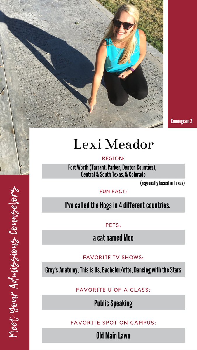 Meet Lexi, our admissions counselor who works with students in Fort Worth, Central &amp; South Texas, and Colorado! She could live off of PB&amp;Js, and she loves football &amp; baseball games and Ed Sheeran.

Have questions about attending the U of A? Ask Lexi! ow.ly/dYtb50E7Juz