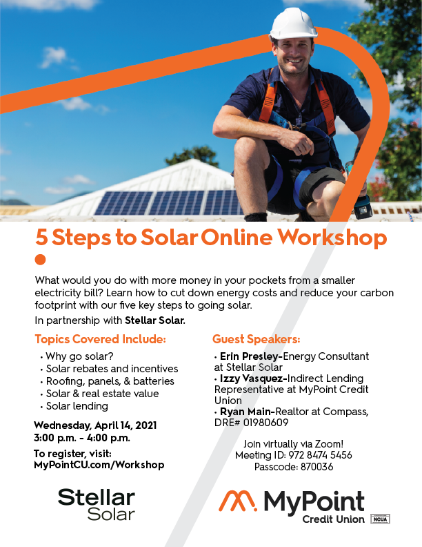 ncccommerce's tweet image. THIS Wednesday, April 14 @ 3pm!

Learn why you should go solar! MyPoint&apos;s talented guest speakers will be teaching you how to put money BACK in your pocket by going solar. 

Join them by registering at: MyPointCU.com/Workshop

#NationalCityChamber #MyPointCU #Solar #Workshop