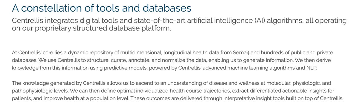 How much Real World Data does Sema4 have?10+ million patient records5 million records w/ longitudinal clinical data 300K patient genomic data.. and growingInformation stored & processed inside its Centrellis engine which uses machine learning to derive insights