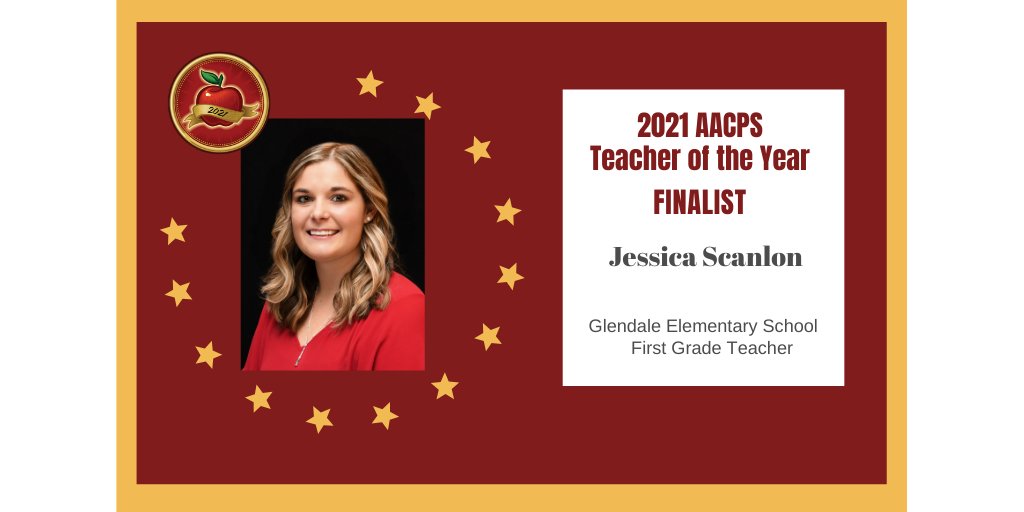 Congratulations to Jessica Scanlon, 2021 Teacher of the Year Finalist! This year's Excellence in Education Awards Ceremony will air April 15 at 6:30pm aacps.org/EIE2021 <a href="/GlendaleESAACPS/">Glendale Elementary</a>  
<a href="/AACountySchools/">AACPS</a>  #AACPSAwesome #EIE2021 #AACPSTOY