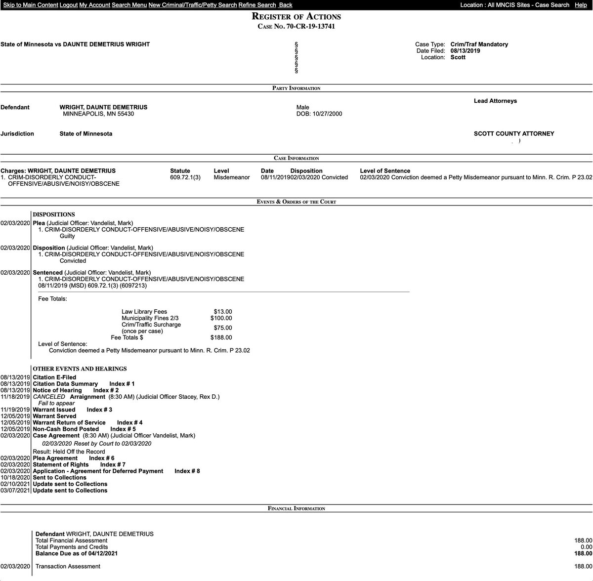 The "warrant" on  #DaunteWright was over unpaid fines for 2 minor misdemeanors — one a marijuana case — totaling $346. He pled guilty, filed for deferred payment and they were sent to collections DURING A PANDEMIC. Then he was pulled over for car air fresheners and killed over it.