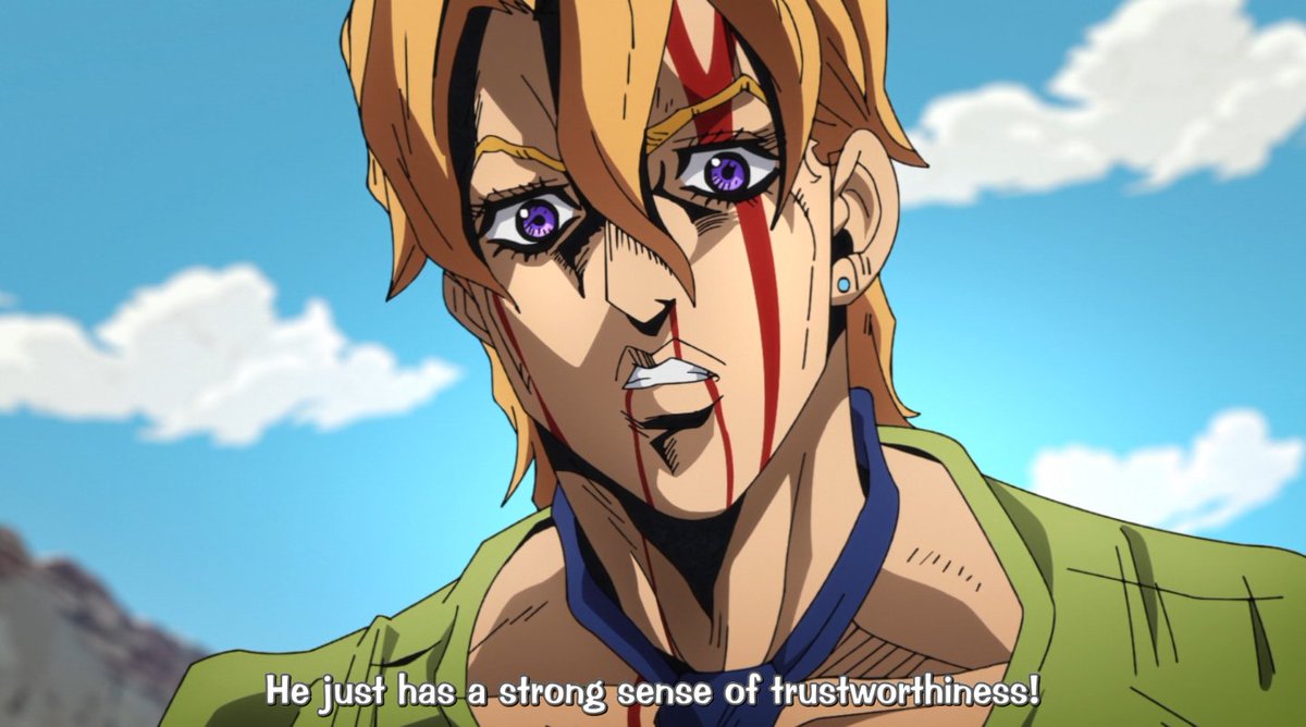 back then, fugo joined because bruno accepted him the way he was – and now yet another person did, which greatly moves fugo. this is emphasized by the way he *directly compares giorno to bruno*, his narration accompanied by the shot of bruno assuring fugo of his acceptence.