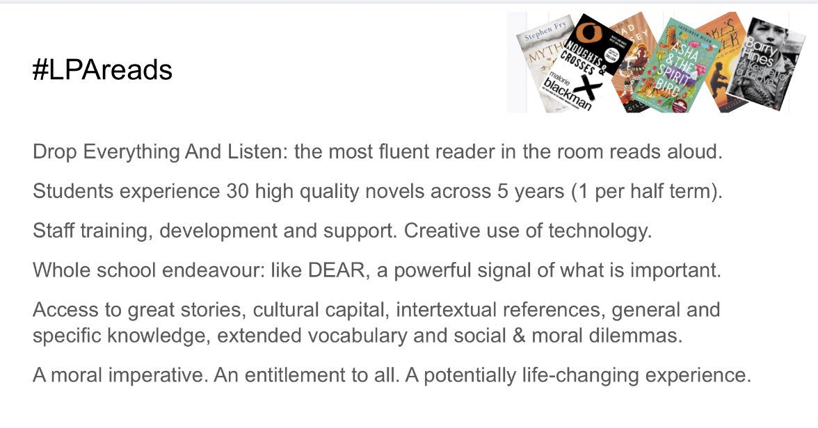 8.  #LPAreads is an ambitious, exciting tutor reading programme that will see all students from Yr7-11 read 30 high quality novels during their time at school... (30, plus 16 in English and numerous others in DEAR / personal reading!)  #DRET50 That’s a lot of books! 