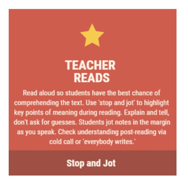 13. Teacher reads - the most expert and fluent reader in the room reads aloud. Important to use when comprehension is needed for access to the next task. The teacher stops at key points of clarification. Students ‘stop and jot’ to support understanding.
