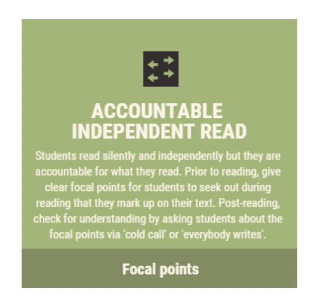 15. An Accountable Independent Read is silent reading but with purposeful, predetermined focal points. Makes kids responsible for what they read. Discourages kids from feigning reading... which is super tempting when you find reading tough. Got to be effortful to work! 