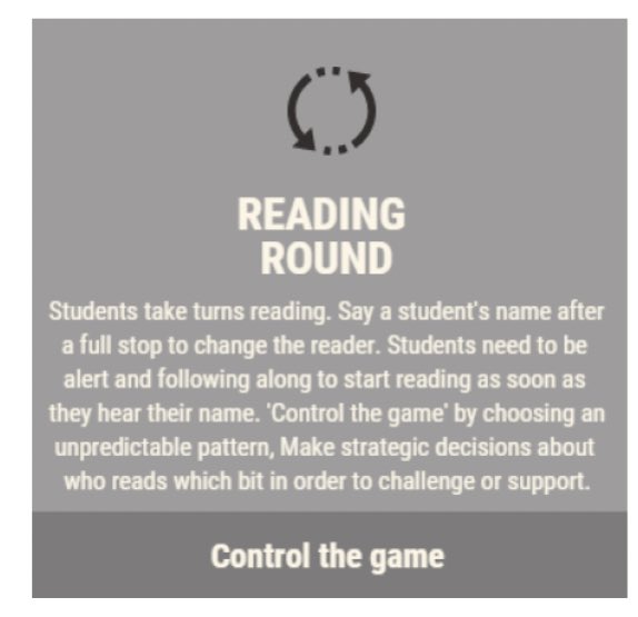 14. A reading round is where everyone takes a turn reading aloud. Fantastic way to check fluency. Keep it high paced. Use your pre-read to distribute parts strategically to support or challenge. You know your kids best. 