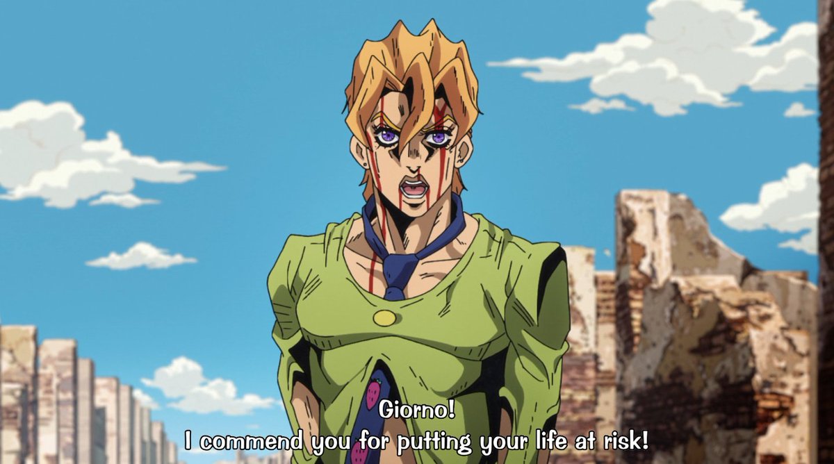 finally, having realized that bruno’s trust in the newbie was well-founded, fugo praises giorno outloud. to me, this point marks his acceptence towards giorno as his equal, as someone he can rely on and put his trust into, just like he trusts bruno and the rest of the team.