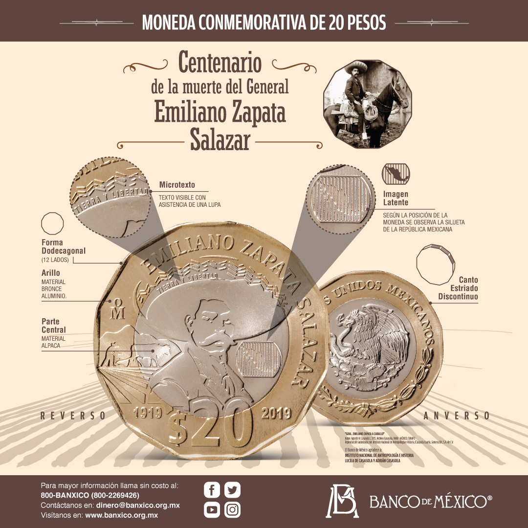 Banxico's tweet photo. La #NuevaMoneda20 pesos conmemorativa del centenario de la muerte del General Emiliano Zapata, es de curso legal y sirve para realizar pagos. Distínguela por su forma y novedosos elementos de seguridad. Conoce más en: https://t.co/k3vlfRohjf https://t.co/h4zg57RAAK