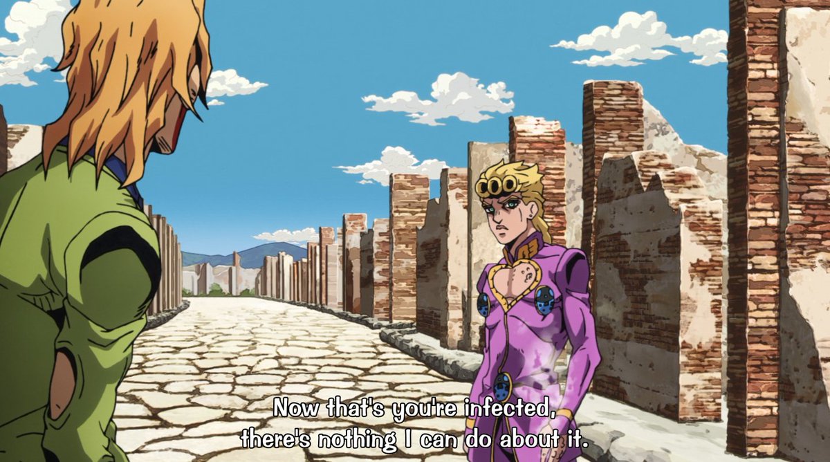 POMPEIIputting his emotions aside, fugo prioritizes the mission, to the point he is ready to die so that the rest can succeed and escape - but giorno comes through yet again. while fugo sees him being infected by ph as a death sentence, giorno turns it into a weapon and a cure.