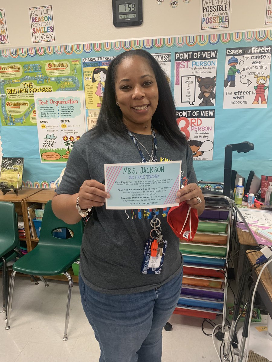 PatlanES's tweet photo. Happy Monday! Today’s Library Featured Faculty is 2 grade teacher, Mrs. Jackson! She’s been in education for 6 years and was a Civil Engineer before entering the classroom! She’s also a HUGE Astros fan and is terrified of water! #PatlanFaces @ChawandaJackson https://t.co/suHMPjIRae