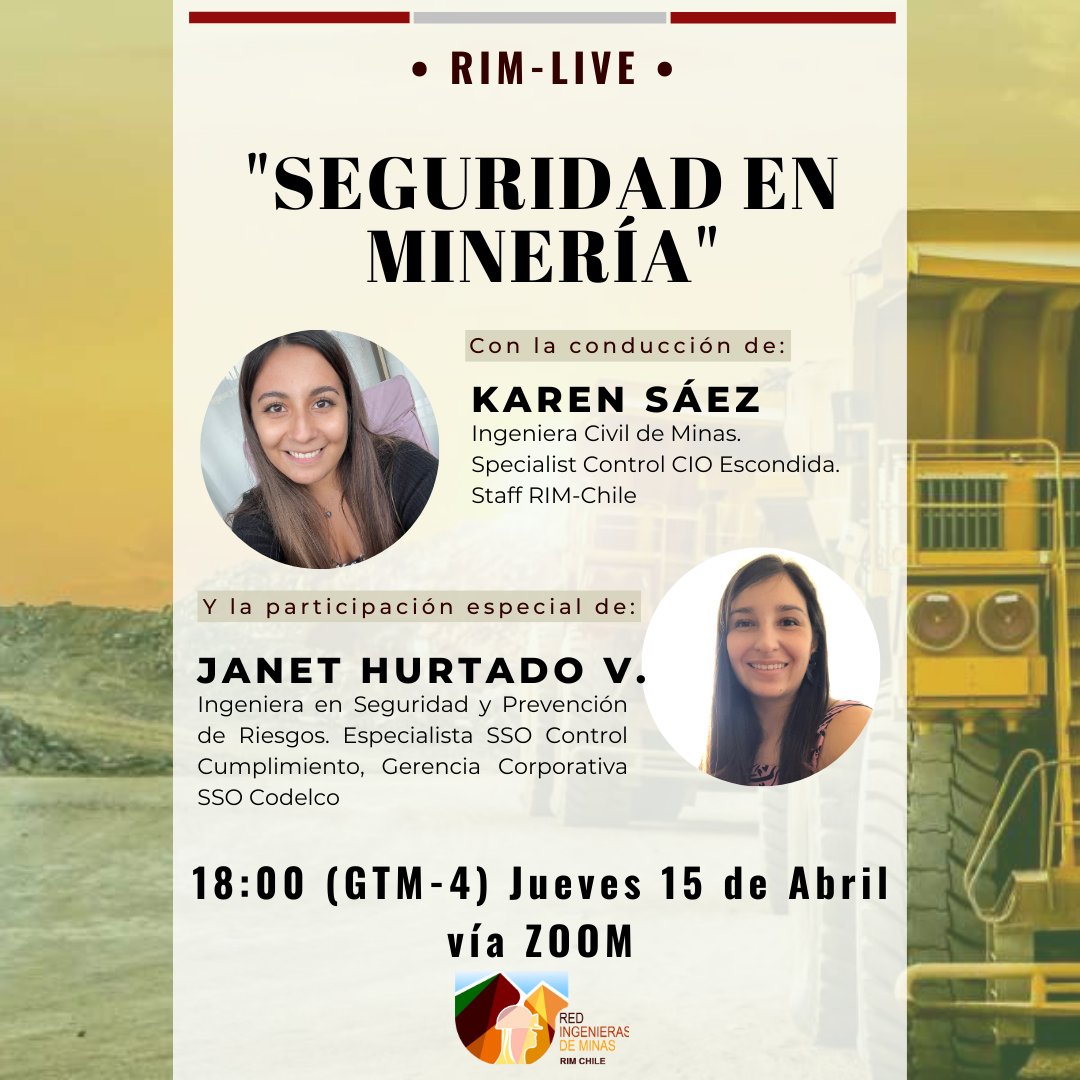 #ComunidadRIM

En una nueva versión de los RIM Live, Janet Hurtado, Especialista SSO Control Cumplimiento de Codelco, conversará con nosotras sobre la Seguridad en Minería.

📌Jueves 15 de abril / 18:00 hrs vía Zoom

¡L@s esperamos!👷‍♀️👷‍♂️

Inscripciones: bit.ly/3uMeW7U
