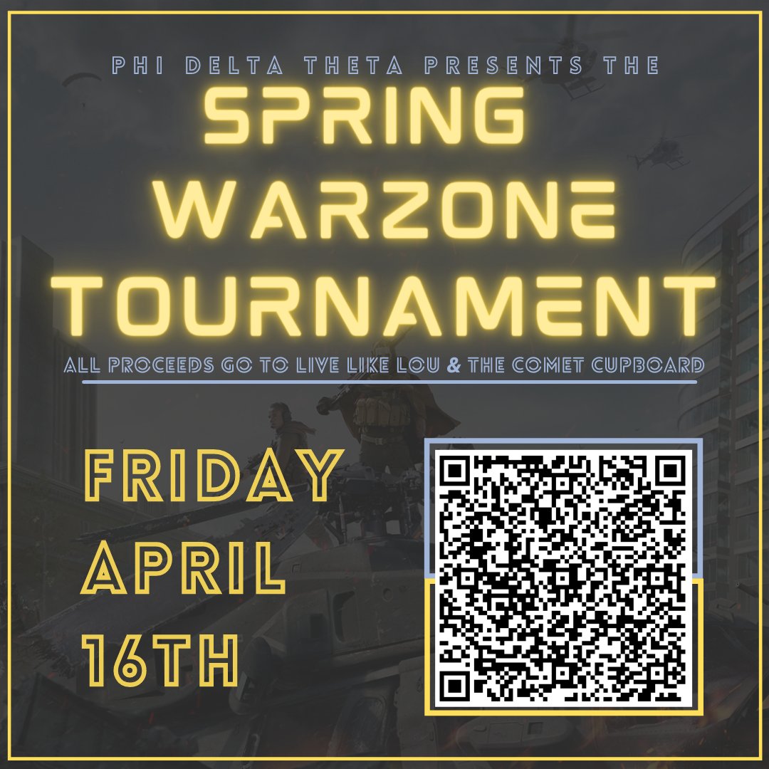 REMINDER: The Warzone Tournament is this Friday!

It's $5 to enter, all entry-fees go to <a href="/CometCupboard/">Comet Cupboard</a> / <a href="/LiveLikeLou4/">Live Like Lou</a> , and you have a chance to win some awesome prizes!

Register here: shorturl.at/szF04