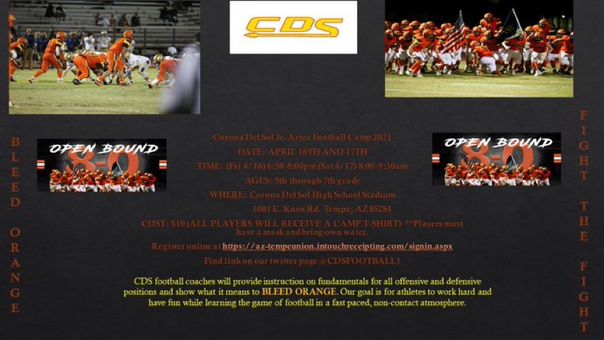 cdsfootball1's tweet photo. A quick reminder, we have our JR Aztec camp this Friday! Make sure you get signed up! https://t.co/CU2eL4bcZk
