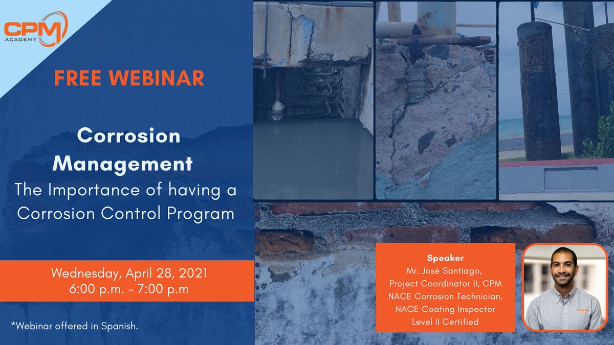 We invite you to our FREE Webinar - Corrosion Management: The Importance of having a Corrosion Control Program. To register click on the following link:  …_management_cpmacademy.eventbrite.com #corrosionmanagement #corrosioncontrol #projectmanagement #cpmacademy