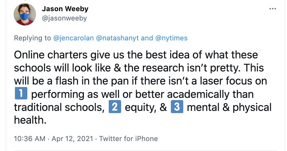 5. One key question, as  @jasonweeby points out, is whether students in the new district virtual schools will do as well or better than their peers in neighborhood schools.