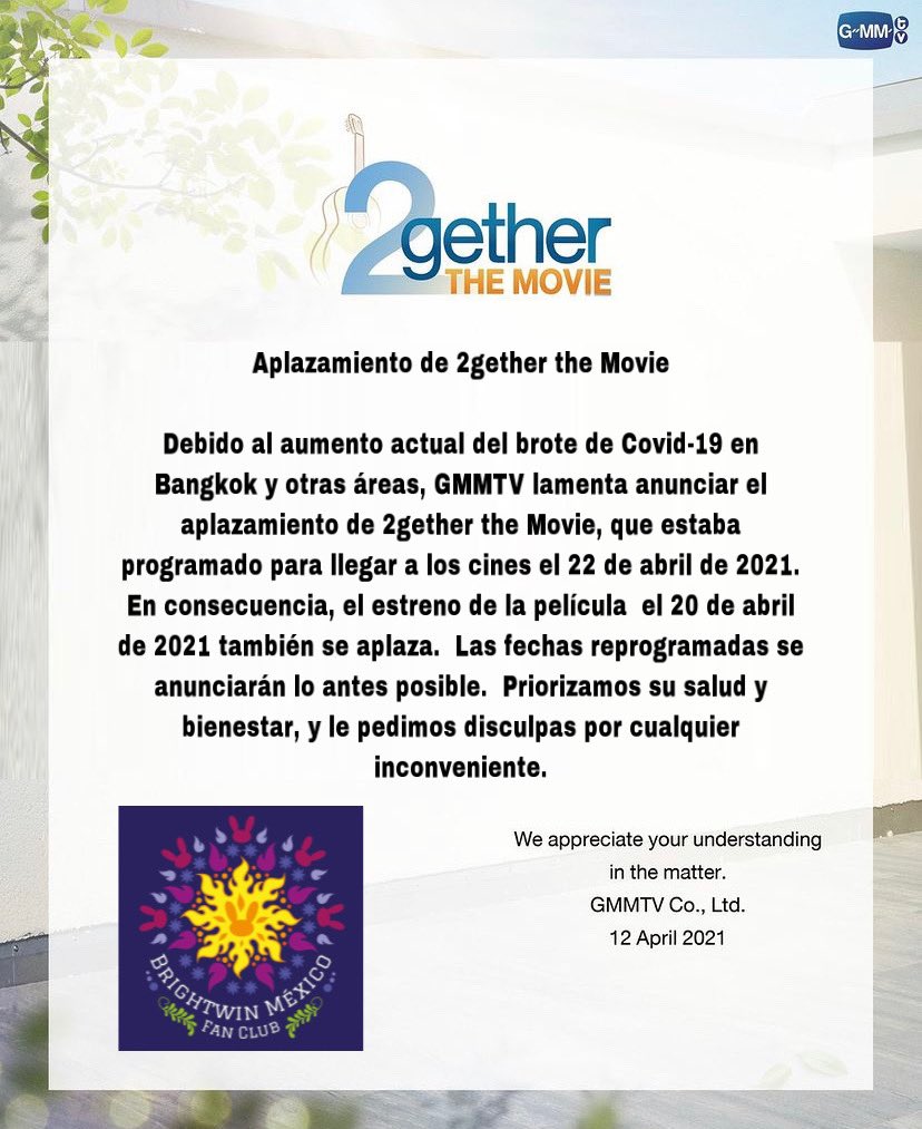 BrightWinMexico's tweet photo. Cómo era de suponer... 

La película #2gethermovie se pospondrá debido al incremento de la COVID-19 

Esperemos que pronto llegue para satisfacer el entusiasmo de los espectadores.

©️@GMMTV 

#winmetawin #bbrightvc #snowballpower https://t.co/SuUmeKxa0d