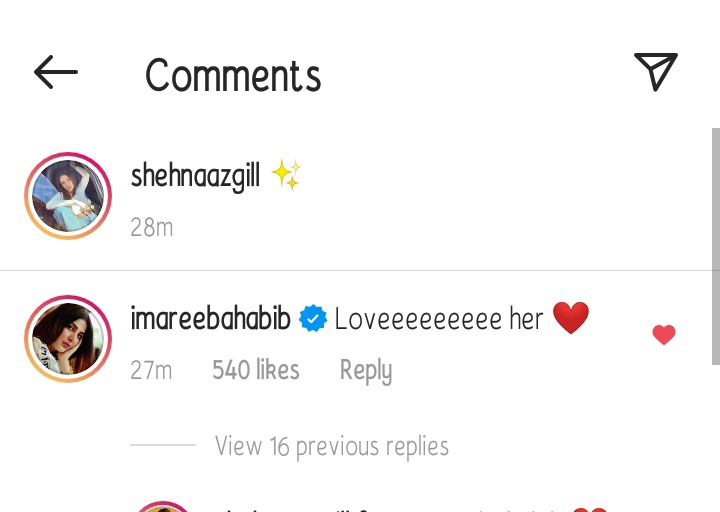 UPDATE!
#AreebaHabib commented on #ShehnaazGill  latest post she is a one of The Best pakistani Actress
The Way Everyone Praise Our Queen One Word:- @ishehnaaz_gill Proud Of You 👏❤️