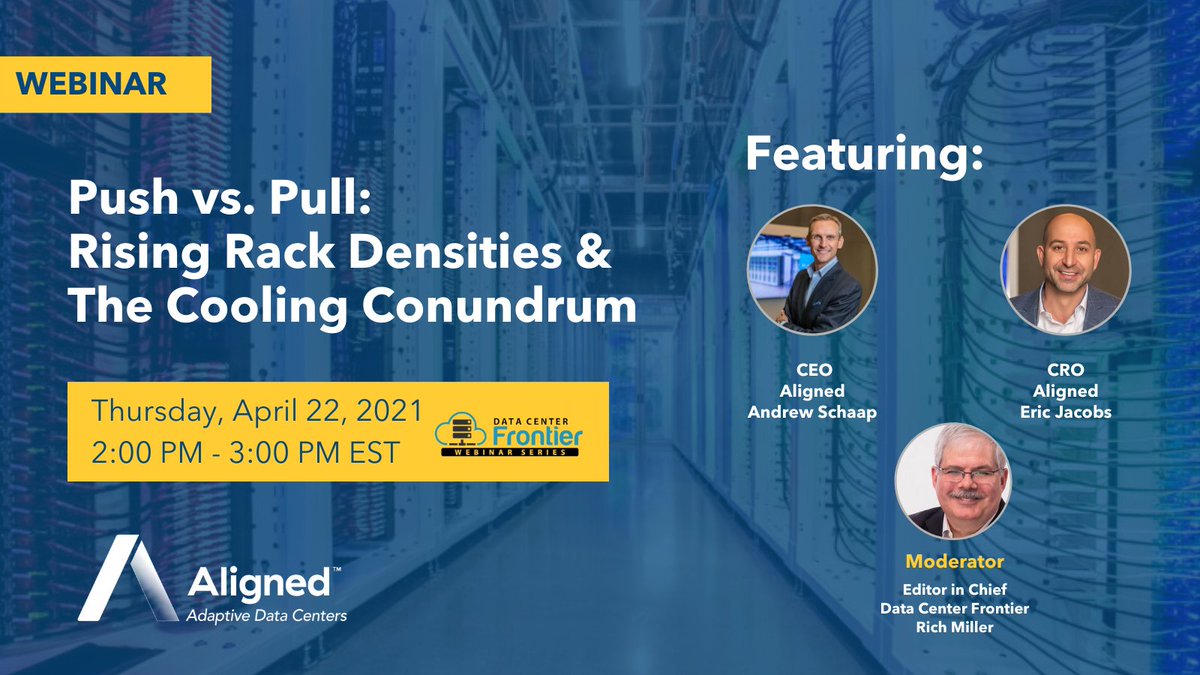 aligneddc's tweet photo. On 4/22 at 2:00 PM EST, join Aligned CEO Andrew Schaap, CRO Eric Jacobs, &amp; @dcfrontier's Rich Miller as they discuss rising rack densities &amp; strategies businesses can take to future-proof their IT environments. Register today https://t.co/K7aOuOnCNX

#EarthDay2021 #expandondemand https://t.co/bXlc7B7eoe