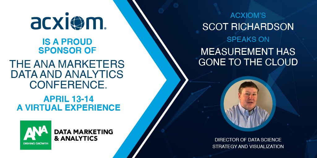 Acxiom's tweet photo. We are proud to sponsor the @ANAMarketers Data and Analytics conference, which brings together industry experts to discuss how #data can help deliver exceptional #CX. Our own Scot Richardson will be featured as he speaks on how #thecloud is changing measurement strategy. #ANAdata https://t.co/n9tGUJdTf3