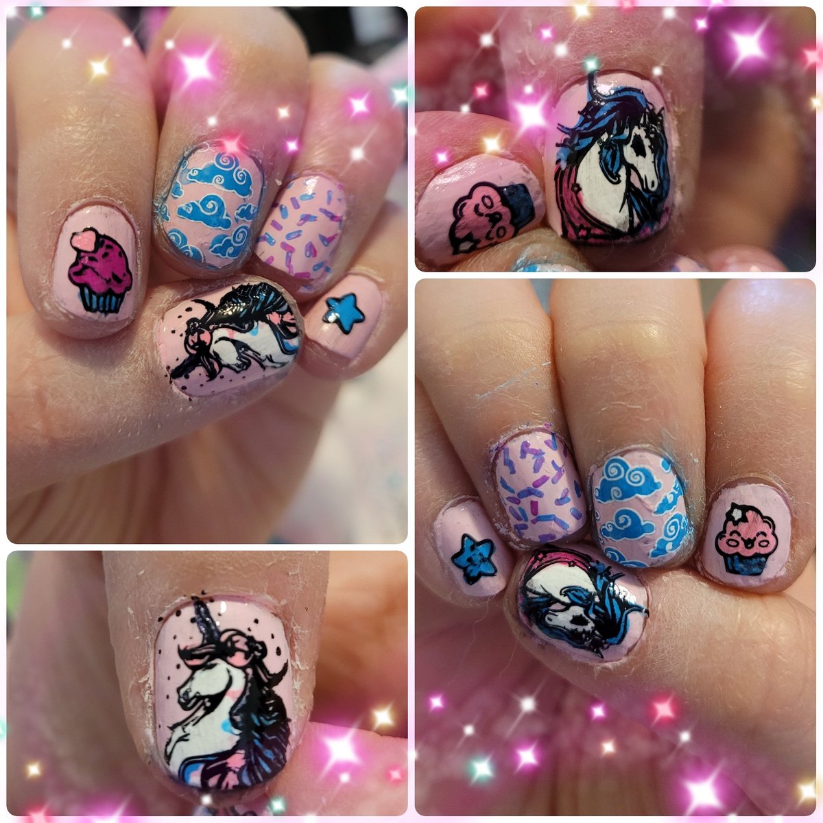 PinkusPonkus's tweet image. New mani alert! I got some new tools for reverse stamping and I'm still getting the hang of it but lookit!! 💕🦄 ⭐ 🧁💕 Thank you @hellomaniology , I love ya. #maniology #nailart