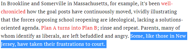 Next one.  #PairedTexts #31. Sentence 3.2. Linked article - which is firewalled. But I can see enough to see that yes, parents are frustrated.3. Gonna drop  @rmc031's fantastic piece on the re-opening debate here because it's an essential read:  https://newrepublic.com/article/161608/inside-long-messy-year-reopening-schools